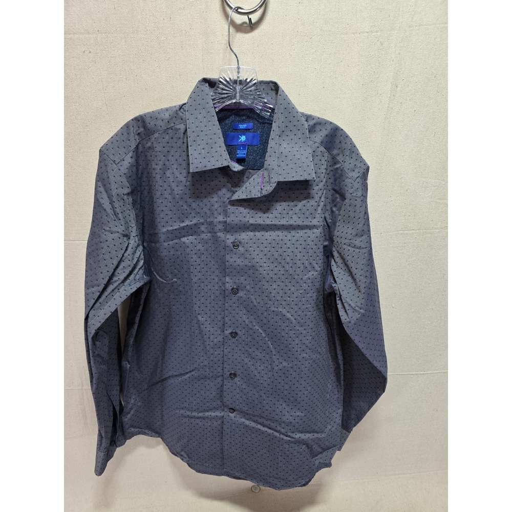 Egara Mens Gray Navy Blue Micro Dot Long Sleeve Slim Fit Non Iron Shirt Large